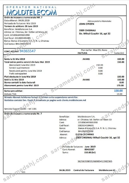 Moldova Moldtelecom utility bill template in Word and PDF format, fully editable